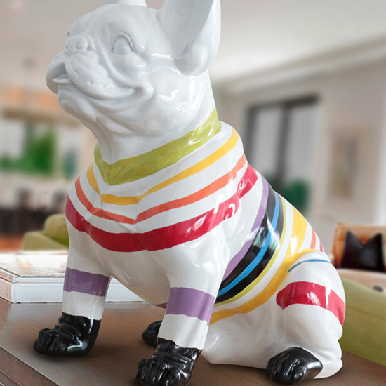 Scultura da tavolo statuetta moderna bulldog francese bianco strisce colorate