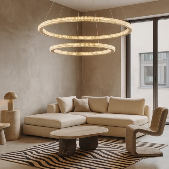 Lampadario moderno cerchi led oro per soggiorno contemporaneo