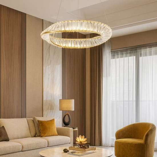 Lampadario dorato di cristallo led 36w 3000k per soggiorno