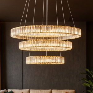 Lampadario cerchi di cristallo per salone stile contemporaneo