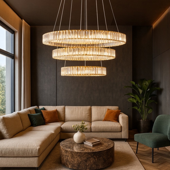 Lampadario cerchi di cristallo per salone stile contemporaneo