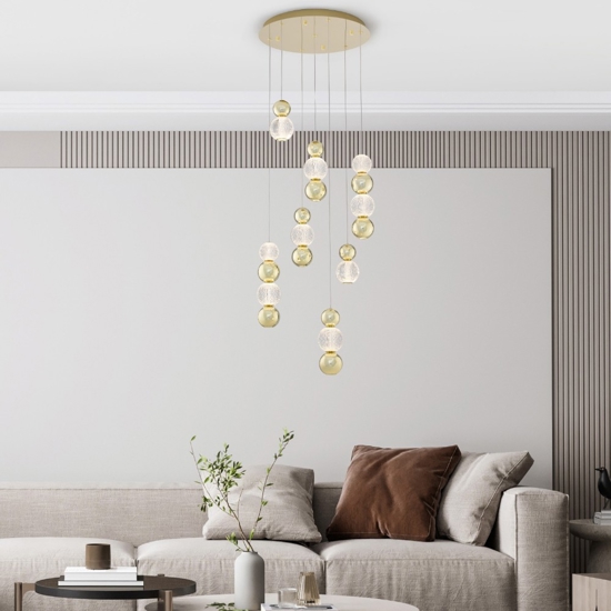 Lampadario per salotto contemporaneo sfere oro a grappolo