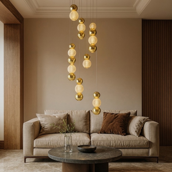Lampadario per salotto contemporaneo sfere oro a grappolo