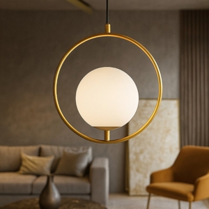 Lampadario oro sfera vetro bianco stile contemporaneo