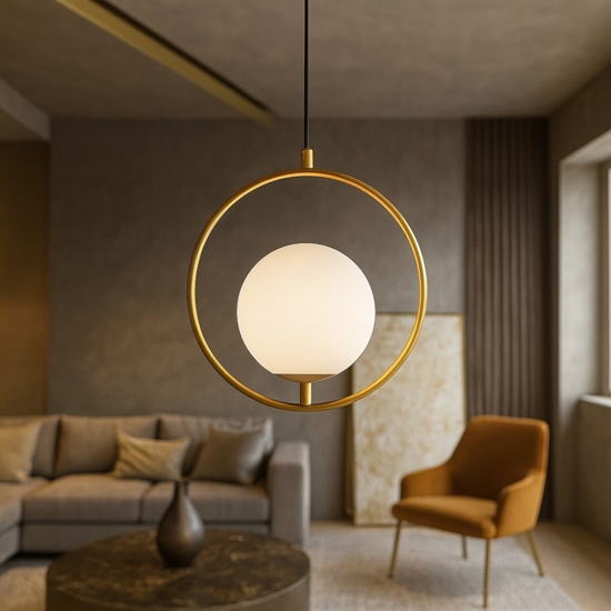 Lampadario oro sfera vetro bianco stile contemporaneo