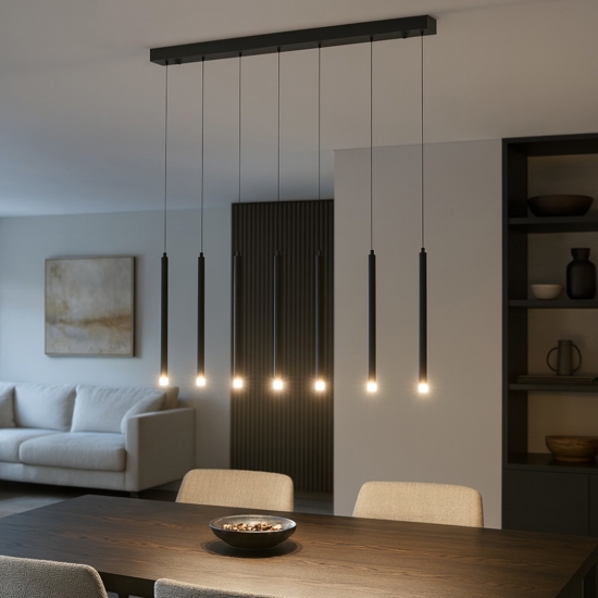 Lampadario nero con 8 pendenti led per sala moderna