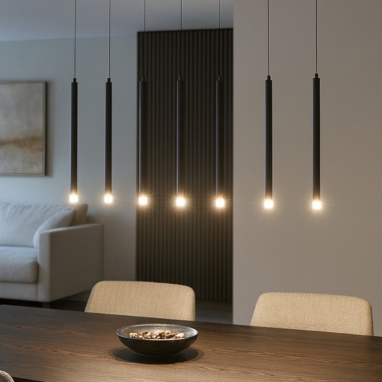 Lampadario nero con 8 pendenti led per sala moderna
