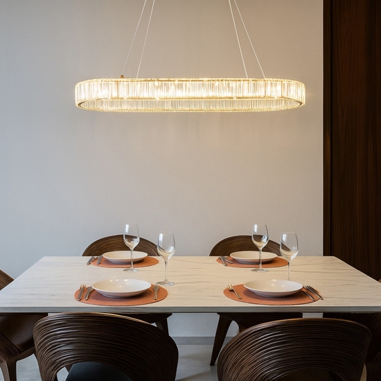 Lampadario led ovale dorato cristalli per salotto