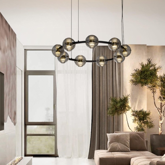 Lampadario led 91w 3000k moderno per soggiorno nero con vetri