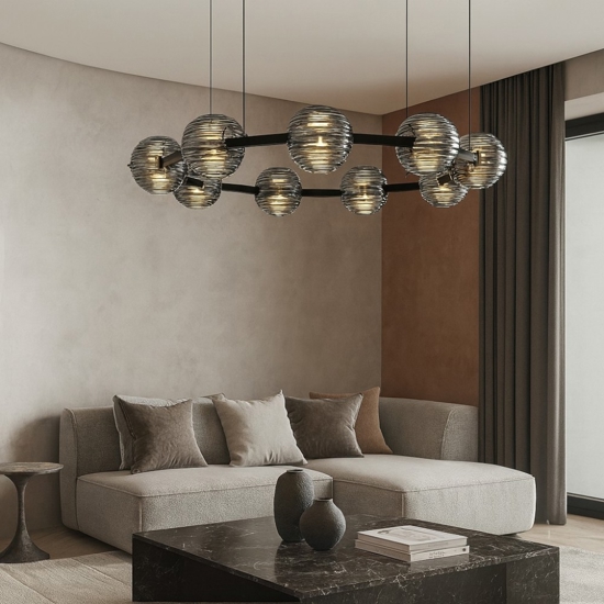 Lampadario led 91w 3000k moderno per soggiorno nero con vetri