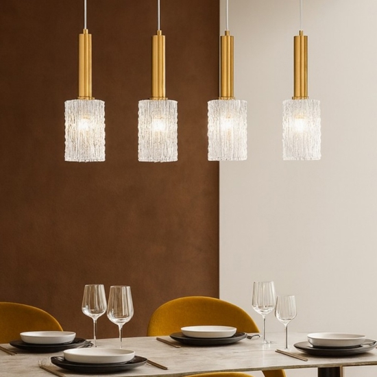 Lampadario per soggiorno 4 luci dorato con vetri