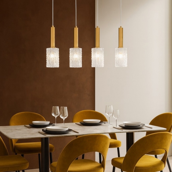 Lampadario per soggiorno 4 luci dorato con vetri