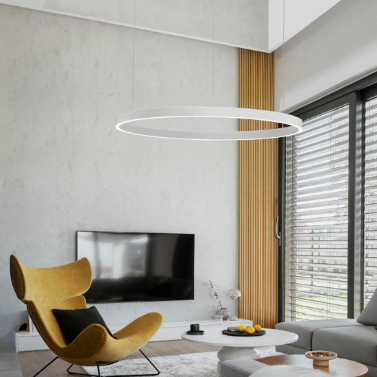 Lampadario cerchio bianco 98cm led biemissione 3000k dimmerabile