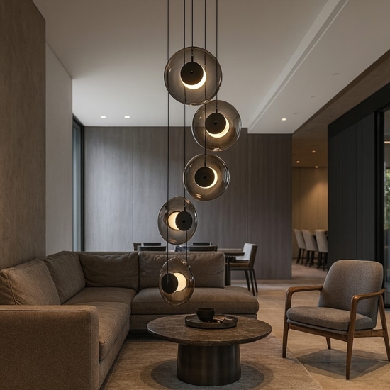 Lampadario per soggiorno moderno dischi di vetro fume a grappolo