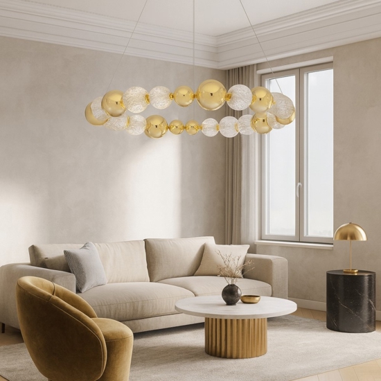 Lampadario sfere oro trasparenti per soggiorno moderno