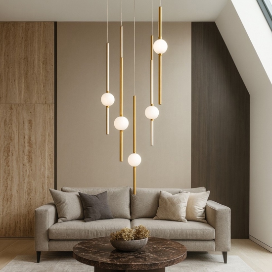 Lampadario con pendenti oro sfere vetro per soggiorno