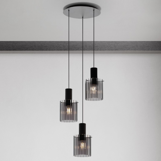 Lampadario moderno 3 luci  nero vetri fume per soggiorno