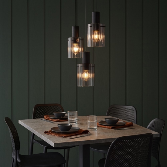 Lampadario moderno 3 luci  nero vetri fume per soggiorno