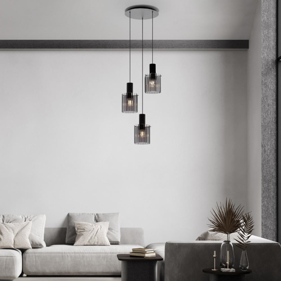 Lampadario moderno 3 luci  nero vetri fume per soggiorno