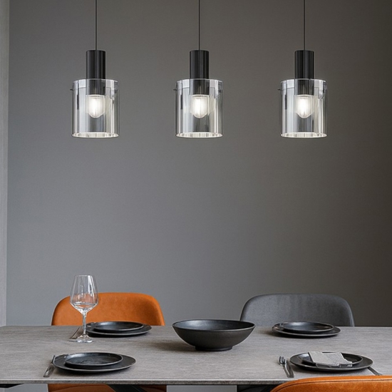 Lampadario nero 3 luci vetri fume per tavolo soggiorno