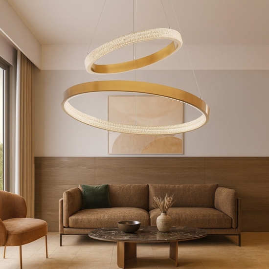 Lampadario per salone contemporaneo cerchi led oro