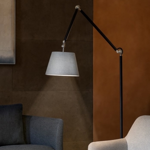 Piantana lampada arco nera orientabile paralume grigio moderna