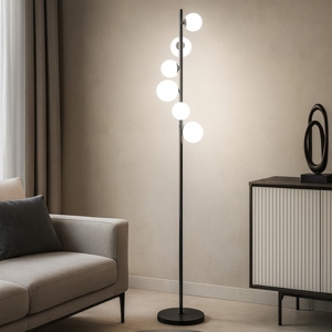 Lampada da terra nera sfere vetro bianco moderna