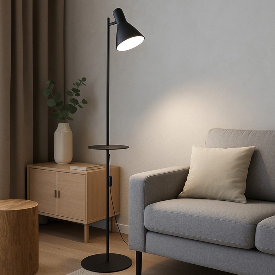 Lampada da terra nera con tavolino luce orientabile