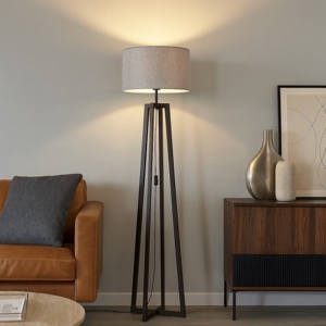 Lampada da terra moderna di legno scuro con paralume grigio