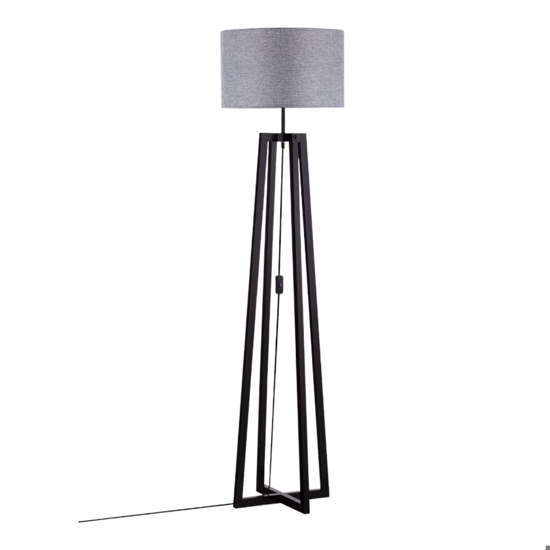 Lampada da terra moderna di legno scuro con paralume grigio
