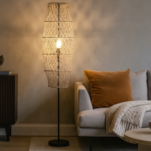 Lampada da terra rustica in vimini per salotto metallo nero