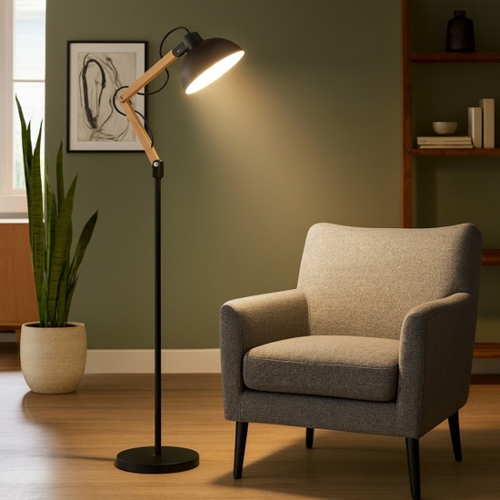 Lampada da terra nera legno orientabile per soggiorno