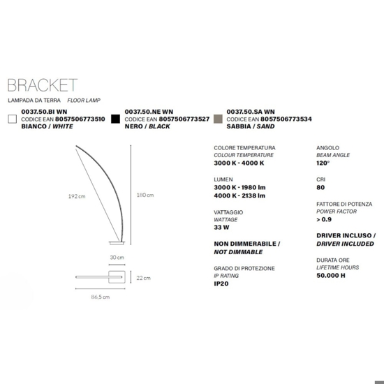 Vivida bracket lampada ad arco nera led 33w 3000k 4000k
