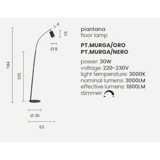 Lampada da terra pt murga ondaluce doppio led 3000k orientabile oro