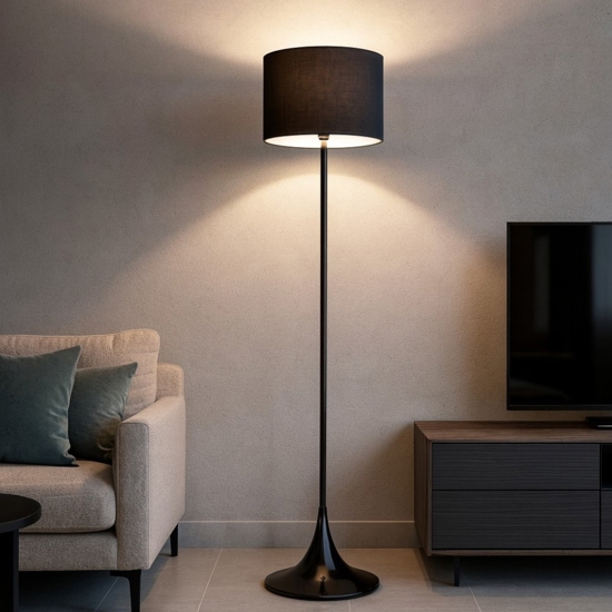 Piantana nera design moderna paralume in tessuto