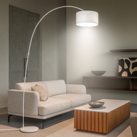 Lampada ad arco bianca moderna con paralume cilindro tessuto
