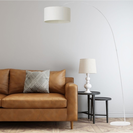 Lampada ad arco bianca moderna con paralume cilindro tessuto