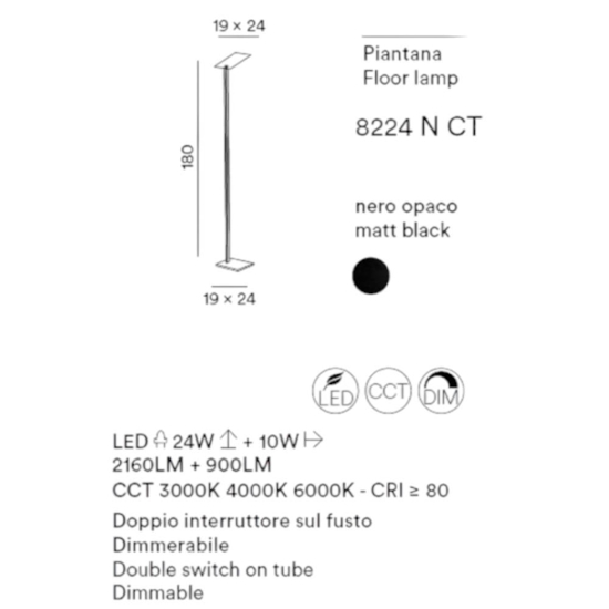 Perenz quadra piantana moderna nera orientabile led cct dimmerabile