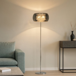 Piantana moderna in metallo e vetro cromato con pendenti