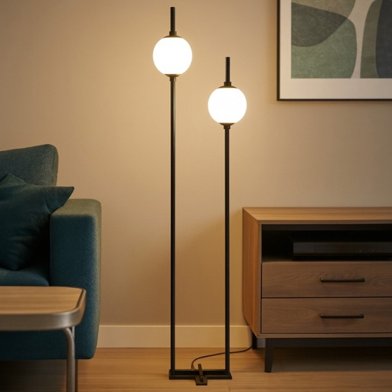 Maytoni lampada da terra moderna nera led 3000k due luci sferiche the sixth sense