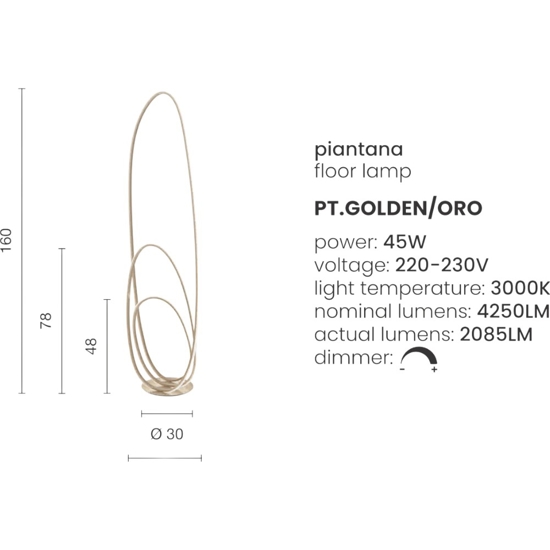 Lampada da terra ondaluce pt golden oro design moderna dimmerabile