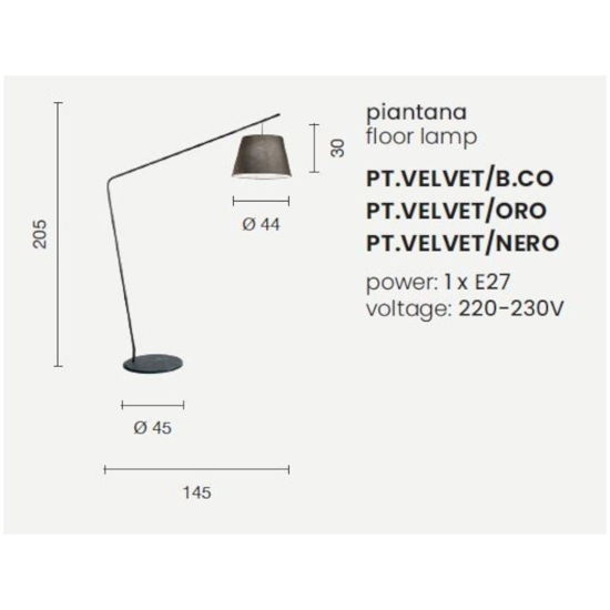 Ondaluce pt velvet lampada ad arco moderna oro e paralume bianco