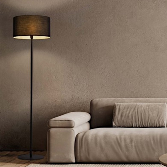 Lampada da terra nera paralume cilindrico in tessuto