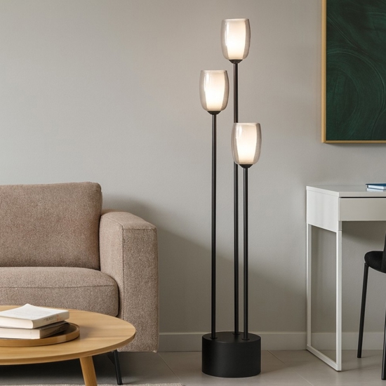 Piantana moderna nera tre luci vetro fume per soggiorno