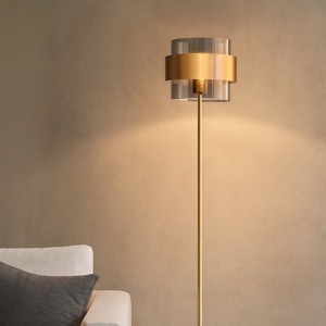 Visualizza i dettagli per Lampada da terra design moderno paralume cilindrico vetro fume' Lampada da terra design moderno paralume cilindrico vetro fume'