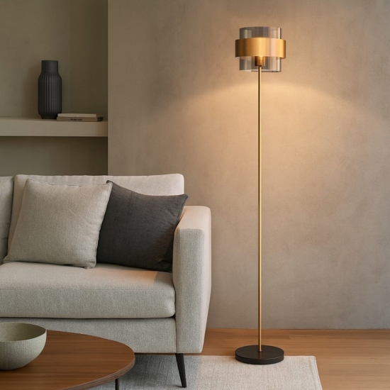 Lampada da terra design moderno paralume cilindrico vetro fume'