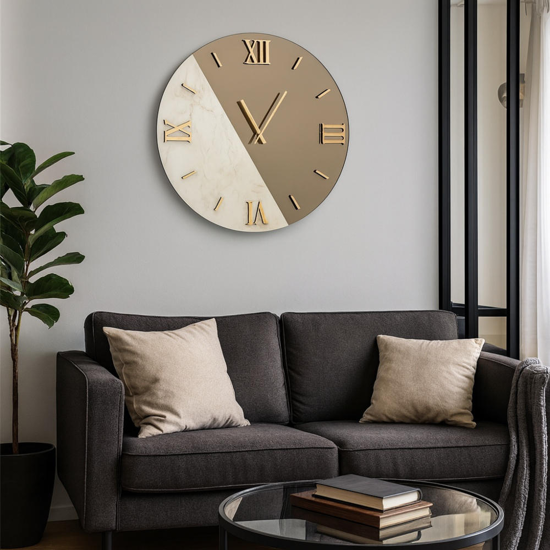 Grande orologio moderno rotondo da parete specchio bronzo marmo laminato 80cm
