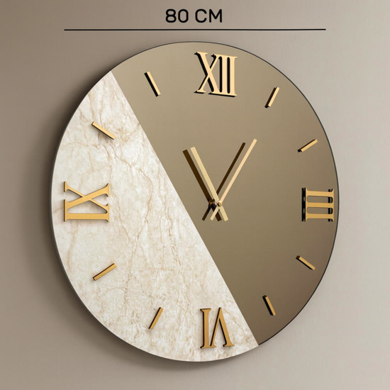 Grande orologio moderno rotondo da parete specchio bronzo marmo laminato 80cm