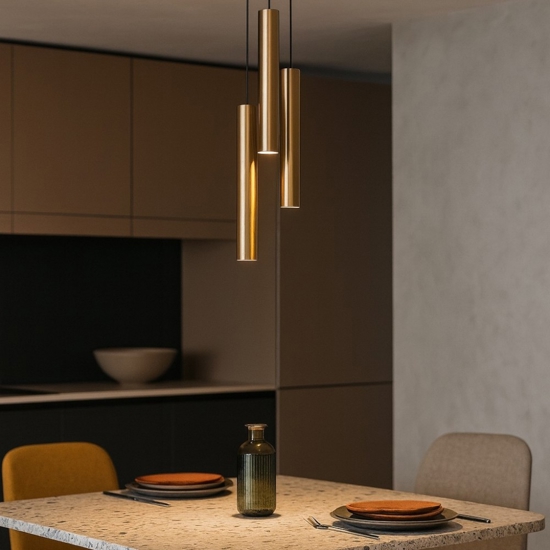 Lampadario tre cilindri grappolo oro per tavolo cucina