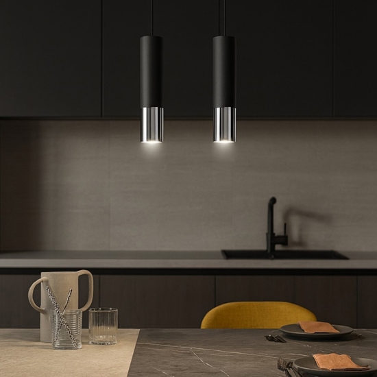 Lampadario per cucina cilindri nero cromo lucido